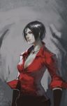  ada_wong black_hair bob_cut breasts cleavage cross cross_necklace lips narrator_(nobody) nose resident_evil resident_evil_6 shirt short_hair sleeves_rolled_up solo unbuttoned 