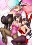  3girls animal_ears ass bare_shoulders black_eyes black_hair black_legwear blush bow bowtie breasts brown_eyes brown_hair brown_legwear bunny_girl bunny_tail bunnysuit covered_navel detached_collar fake_animal_ears frilled_pillow frills hair_ribbon hand_on_hip hands_on_own_chest heart heart_pillow high_heels highres leotard light_brown_hair long_hair looking_at_viewer looking_back lying medium_breasts multiple_girls on_back open_mouth original pantyhose pillow pink_shoes playboy_bunny_leotard ponytail purple_legwear rabbit_ears ribbon shoes short_hair smile spread_legs tail takano_yuki_(mangaka) violet_eyes wrist_cuffs 