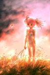  :3 cattail collarbone dragonfly dress field holding insect kaname_madoka kyubey mahou_shoujo_madoka_magica pink_hair plant red_eyes see-through solo standing sundress thigh_gap twintails wind yoshinogai 