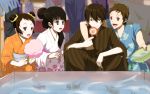  2girls alternate_hairstyle basin black_hair brown_eyes brown_hair chitanda_eru cotton_candy double_bun fish fukube_satoshi goldfish green_eyes hair_bun hyouka ibara_mayaka japanese_clothes kimono kingyosukui long_hair minalos multiple_boys multiple_girls oreki_houtarou purple_eyes red_eyes short_hair squatting violet_eyes yukata 