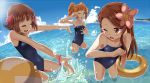  amami_haruka ball beach beachball brown_eyes brown_hair cloud danzero fisheye flower forehead friends green_eyes hair_flower hair_ornament idolmaster innertube long_hair minase_iori multiple_girls namco school_swimsuit short_hair sky splash splashing swimsuit takatsuki_yayoi twintails water 