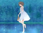  bare_shoulders barefoot blue blue_eyes brown_hair dress forest grass high_heels holding holding_shoes lights nature okiru open_shoes original reflection ripples sandals short_hair solo sundress tree walking_on_water water 