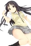  1girl akiyama_mio alternate_hairstyle black_eyes black_hair blush breasts highres hime_cut k-on! large_breasts long_hair looking_at_viewer lying school_uniform simple_background skirt solo thigh-highs thighhighs uniform very_long_hair white_background zzzz_(bbqvg) 