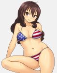  american_flag_bikini bikini blush breasts brown_eyes brown_hair cleavage curly_hair flag_print hashi large_breasts long_hair matsuri_(teriyaki) mole mole_on_breast navel original plump smile solo swimsuit underboob 