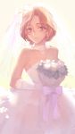  bouquet character_request choker dress earrings ekao flower idolmaster idolmaster_cinderella_girls jewelry kawashima_mizuki light_smile red_eyes red_hair redhead short_hair solo wedding_dress 