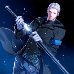  black_background blue_background coat devil_may_cry dmc:_devil_may_cry dutch_angle gloves gradient gradient_background katana kuren male pants solo sword vergil weapon white_hair 