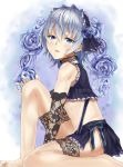  androgynous bare_shoulders barefoot blue_eyes blue_hair blush bow crossdressinging elbow_gloves flower gloves hair_flower hair_ornament headdress heirou highres long_hair looking_at_viewer male open_mouth original rose short_hair silver_hair sitting smile solo trap 
