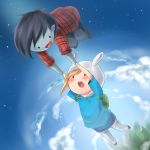  1boy 1girl 2boys adventure_time backpack bag black_hair blonde_hair character_request cloud clouds finn fionna genderswap hat marceline marshall_lee multiple_boys open_mouth short_hair sky yhin 