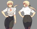  ass black_legwear blonde_hair breasts cleavage em green_eyes grey_background hand_on_hip hands_on_hips hanna_rudel long_hair office_lady pantyhose ponytail scar simple_background skirt solo strike_witches 