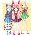  animal_ears ascot bear_ears bell blonde_hair blue_eyes bow brown_hair bunny_ears cat_ears cat_tail goggles green_eyes grey_hair hair_bow hoodie jingle_bell kosuzume mary_janes multiple_girls open_mouth original pantyhose purple_eyes rabbit_ears shoes skirt striped striped_legwear tail thigh-highs thighhighs v violet_eyes white_legwear wink 