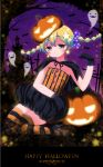  1girl braid green_eyes green_hair halloween hat jack-o&#039;-lantern jack-o'-lantern kuromaru original pumpkin solo thigh-highs thighhighs twin_braids 
