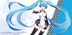  aqua_eyes aqua_hair car character_name elbow_gloves female gloves hatsune_miku highres long_hair maccyon motor_vehicle open_mouth race_queen racequeen solo thigh-highs thighhighs twintails vehicle very_long_hair vocaloid 