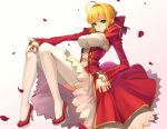  ahoge blonde_hair breasts dress fate/extra fate_(series) fingernails fkey green_eyes high_heels large_breasts legs long_legs looking_at_viewer nail_polish petals saber saber_extra see-through shoes simple_background solo thigh-highs thighhighs thighs white_background white_legwear 