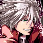  blazblue clenched_teeth coat green_eyes kai_(lisalisa1983) lowres male purple_background ragna_the_bloodedge solo spiked_hair spiky_hair tears white_hair 