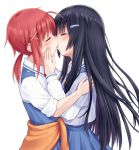  aoki_reika black_hair blue_hair blush closed_eyes commentary_request eyes_closed hair_ornament hairclip hand_on_another&#039;s_face hand_on_another's_face hino_akane kiss long_hair multiple_girls mutual_yuri ponytail precure red_hair redhead school_uniform short_hair simple_background skirt sleeves_rolled_up smile_precure! suzushiro_yukari sweater_around_waist white_background yuri 