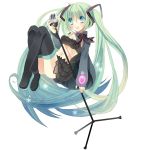  boots green_eyes green_hair hatsune_miku highres long_hair microphone microphone_stand navel open_mouth sana-m simple_background skirt solo thigh-highs thigh_boots thighhighs twintails very_long_hair vocaloid white_background 
