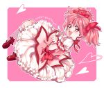  amezawa_koma bow bubble_skirt dress frills gloves hair_bow happy_birthday kaname_madoka magical_girl mahou_shoujo_madoka_magica pink_background pink_eyes pink_hair shoes short_hair short_twintails smile solo twintails v white_dress white_gloves 