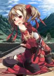 bare_shoulders black_legwear blush bridge brown_hair embarrassed fingerless_gloves gloves hand_on_ass highres mountain open_mouth outstretched_arm re:n_ne red_eyes silica sitting sky solo sword_art_online thigh-highs thighhighs twintails wariza weapon 