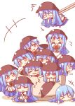  &gt;_&lt; :&lt; =_= ahoge arms_up blue_hair blush_stickers bow chibi chopsticks closed_eyes eyes_closed grabbing hat hat_removed headwear_removed hinanawi_tenshi in_bowl in_container kousa_(black_tea) long_hair minigirl multiple_girls o_o open_mouth outstretched_arms puffy_sleeves red_eyes shirt short_sleeves sitting skirt sleeping smile touhou very_long_hair z 