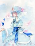  breasts butterfly cherry_blossoms closed_eyes eyes_closed hat highres japanese_clothes long_sleeves obi petals pink_hair pinkxxxna ribbon saigyouji_yuyuko short_hair smile solo touhou traditional_media triangular_headpiece watercolor_(medium) wide_sleeves 