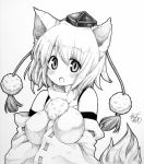  animal_ears bare_shoulders between_breasts blush breast_hold breasts bust clown_222 detached_sleeves erect_nipples graphite_(medium) hand_between_breasts hat highres impossible_clothes impossible_shirt inubashiri_momiji large_breasts looking_at_viewer open_mouth shikishi short_hair solo tail tokin_hat touhou traditional_media wolf_ears wolf_tail 