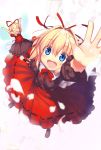  :d ^_^ arm_up blonde_hair blue_eyes blush closed_eyes eyes_closed from_above hair_ribbon kaiza_(rider000) looking_up medicine_melancholy open_mouth outstretched_arms petals ribbon smile solo su-san touhou 