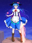  blue_hair boots bow cato_(monocatienus) energy_sword food frilled_skirt fruit hat highres hinanawi_tenshi leaf lightsaber long_hair peach puffy_sleeves red_eyes skirt sky smile solo star sword touhou weapon 