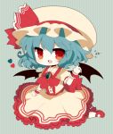  ascot bad_id bat_wings blue_hair brooch fang haru_(kyou) hat hat_ribbon heart jewelry open_mouth puffy_sleeves red_eyes remilia_scarlet ribbon shirt short_hair short_sleeves sitting skirt skirt_set smile solo touhou wariza wings wrist_cuffs wrist_ribbon 