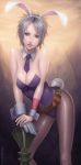  1girl animal_ears breasts brown_eyes bunny_ears bunny_girl bunny_tail bunnysuit cleavage detached_collar fake_animal_ears large_breasts league_of_legends leotard lips looking_at_viewer pantyhose rabbit_ears riven_(league_of_legends) short_hair silver_hair single_glove solo tail vasily_(run211) weapon wrist_cuffs 