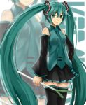  501092-taka aqua_eyes aqua_hair bare_shoulders black_legwear detached_sleeves hatsune_miku highres long_hair looking_at_viewer necktie skirt sleeveless sleeveless_shirt solo spring_onion thigh-highs thighhighs twintails very_long_hair vocaloid zoom_layer 