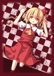  arms_up ascot blonde_hair blood blood_splatter checkered checkered_floor flandre_scarlet highres lying no_hat no_headwear ominaeshi_(takenoko) on_back red_eyes side_ponytail skirt solo touhou wings 