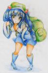  absurdres backpack bag bent_over blue_hair boots colored_pencil_(medium) down_blouse green_eyes hair_bobbles hair_ornament hat highres kawashiro_nitori key kitazinger oversized_clothes oversized_shirt short_hair skirt skirt_set solo touhou traditional_media twintails 