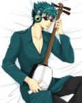  1boy blue_hair dakimakura gintama headphones instrument kawakami_bansai shamisen shiroyasha solo sunglasses 