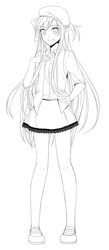  1girl aki_(neyuki41028) alternate_costume asuna_(sao) beret casual fashion female full_body hand_on_hip hand_on_own_chest hat highres lineart long_hair looking_at_viewer monochrome skirt smile solo sword_art_online yuuki_asuna 