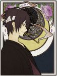  1boy art_nouveau bandage_over_one_eye crescent_moon gintama grey_eyes japanese_clothes kimono kiseru koizumi_m moon pipe profile purple_hair smoking solo takasugi_shinsuke 