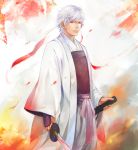  gintama headband joui kamemushi katana midori_tachibana sakata_gintoki sheath silver_hair solo sword weapon white_hair 