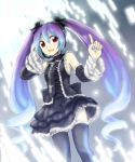  bare_shoulders black_legwear blue_hair detached_sleeves drill_hair frilled_sleeves frills gothic_lolita gradient_hair hatsune_miku hatsune_miku_no_gekishou_(vocaloid) headset highres index_finger_raised lolita_fashion long_hair multicolored_hair necktie open_mouth project_diva project_diva_2nd purple_hair raised_finger red_eyes smile solo thigh-highs thighhighs twin_drills twintails very_long_hair vocaloid watashi_no_sekai zettai_ryouiki 