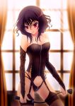  bdsm black_hair blush breasts bustier copyright_request dominatrix garter_straps highres hiiragitogetoge looking_at_viewer purple_eyes riding_crop smile solo thigh-highs thighhighs violet_eyes zipper 