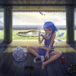  :&lt; adapted_costume ahoge bad_hands bare_legs bare_shoulders barefoot blue_eyes blue_hair can cirno cloud clouds fan fang fence frozen highres hot ice ice_wings kedama looking_at_viewer mosquito_coil mouth_hold navel off_shoulder pond popsicle reflection shoes shoes_removed short_hair shorts sitting sky soda_can solo strap_slip sweat tail touhou wings wink zhengyifan7 