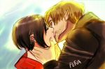  1boy 1girl ada_wong blonde_hair brown_hair closed_eyes eyes_closed facial_hair fena kiss leon_s_kennedy resident_evil resident_evil_6 short_hair stubble 