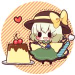 blush chibi eating food green_hair hat heart komeiji_koishi long_sleeves lowres noramimi open_mouth pudding saliva short_hair skirt smile solo third_eye touhou wide_sleeves