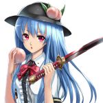  :o blue_hair bow food fruit hat hinanawi_tenshi holding long_hair looking_at_viewer peach red_eyes solo sword takemori_shintarou touhou weapon 
