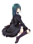  black_legwear blush dress frills green_hair highres kneeling long_hair looking_back original solo thigh-highs thighhighs white_background yazuki_mitsuka yellow_eyes 