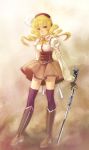  beret blonde_hair boots detached_sleeves drill_hair fingerless_gloves gloves gun hair_ornament hat highres ladybird8n magical_girl magical_musket mahou_shoujo_madoka_magica solo thigh-highs thighhighs tomoe_mami twin_drills vertical-striped_legwear vertical_stripes weapon yellow_eyes 