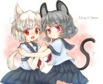  alternate_costume animal_ears blush character_name fang finger_to_mouth grey_hair inubashiri_momiji iris_anemone mouse_ears mouse_tail multiple_girls nazrin open_mouth red_eyes school_uniform serafuku short_hair skirt tail touhou white_hair wolf_ears wolf_tail 