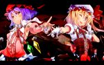  ;p alternate_costume armpits bat_wings blodn_hair blonde_hair blush character_name checkered checkered_floor detached_sleeves flandre_scarlet gloves hat highres letterboxed long_hair multiple_girls outstretched_arm purple_hair red_eyes remilia_scarlet short_hair side_ponytail tongue touhou white_gloves wings wink yuuzii 