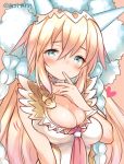  1girl blonde_hair blue_eyes blush breasts choker cleavage deep_skin finger_to_mouth fur_trim headdress heart horns large_breasts long_hair looking_at_viewer marshmallow_mille puzzle_&amp;_dragons sakuya_(p&amp;d) solo 