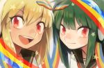  beatmania beatmania_iidx blonde_hair green_hair headphones hishimiya_tsugaru multiple_girls open_mouth rainbow red_eyes star tetsuko_(pixiv) xiatian_(beatmania_iidx) 