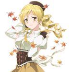  beret blonde_hair breasts corset detached_sleeves drill_hair fingerless_gloves gloves hair_ornament hat large_breasts leaf magical_girl mahou_shoujo_madoka_magica nagijin ribbon smile solo tomoe_mami white_background yellow_eyes 