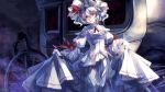  ascot blue_hair carriage curtsey dress gloves hat highres looking_at_viewer red_eyes remilia_scarlet short_hair skade solo touhou white_gloves wings 